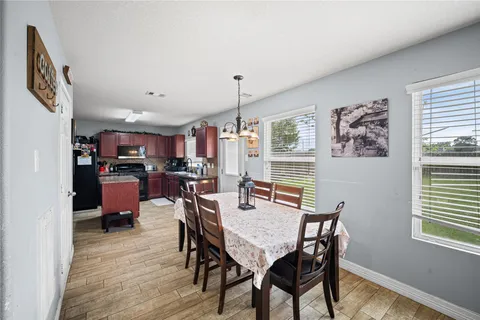 a view of a dining room with furniture window and wooden floor
