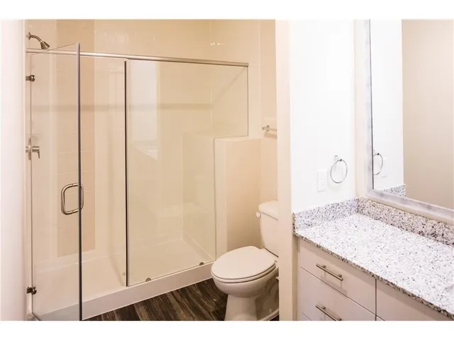 a bathroom with a granite countertop sink a toilet and shower