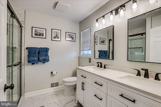 a bathroom with a double vanity sink mirror and toilet