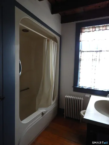 a bathroom with a window