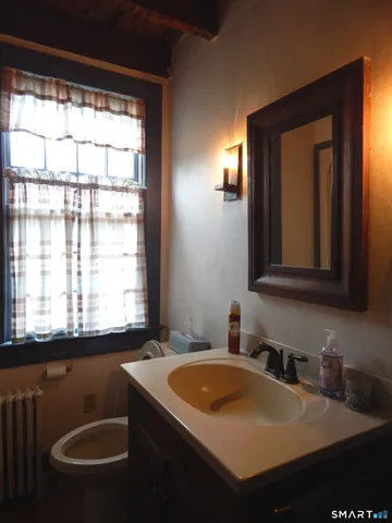 a bathroom with a sink and a window