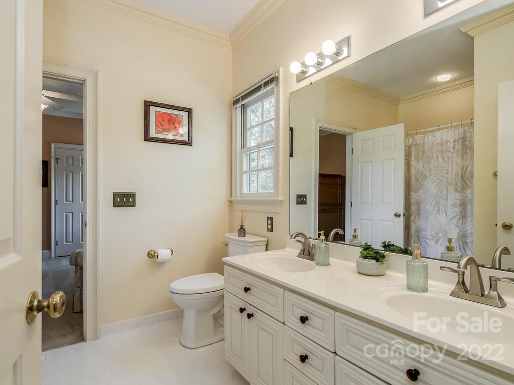 4510 Nora's Path Road Charlotte, NC 28226 - Photo 24 of 38 a bathroom with a granite countertop sink a toilet and a mirror
