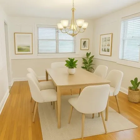 a view of a dining room with furniture and a chandelier