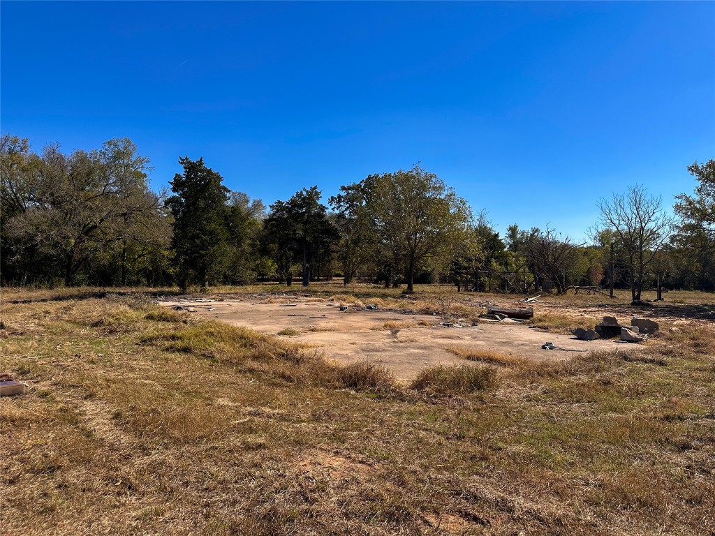 a view of dirt field with trees in the background