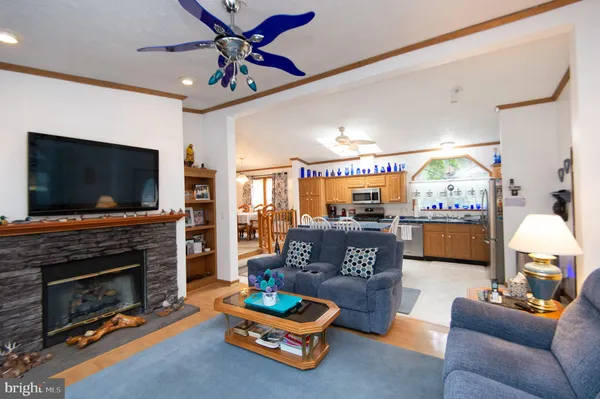 a living room with fireplace furniture and a flat screen tv