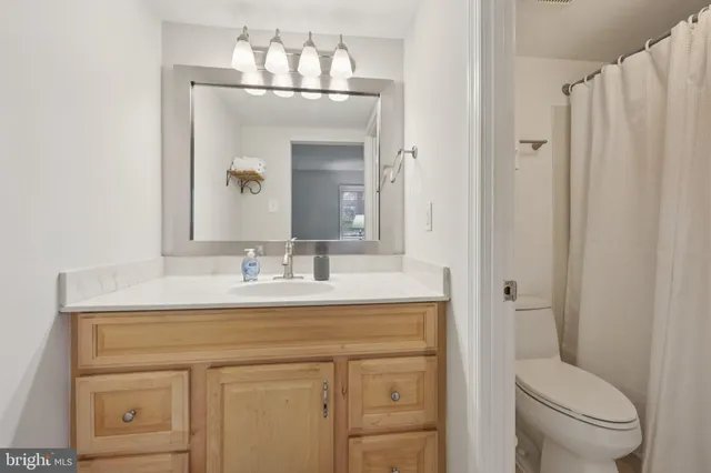 a bathroom with a sink vanity mirror and toilet