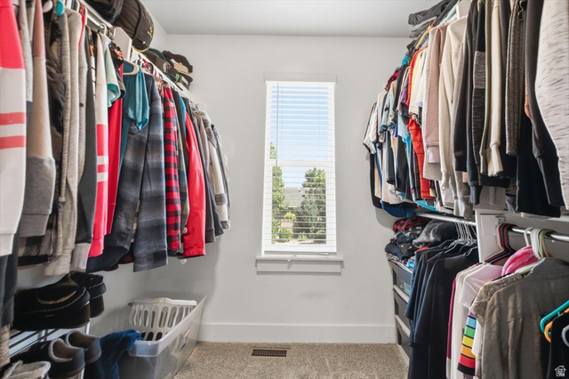 1213 West 1820th Street South Logan, UT 84321 - Photo 11 of 18 Walk-in closet with carpet flooring, light gray walls, built-in shelving, and a prominent window providing natural light
