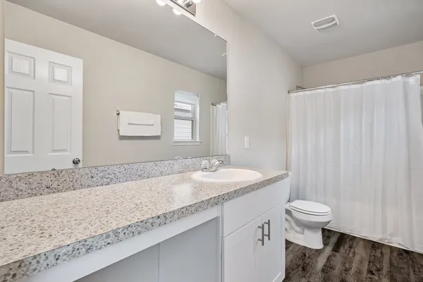 a bathroom with a granite countertop sink a toilet and a mirror