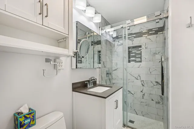 a bathroom with a sink mirror and a shower