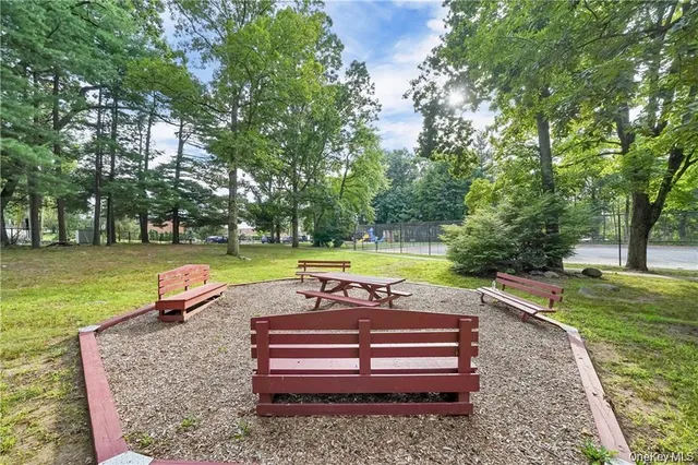 a park view with a bench and trees