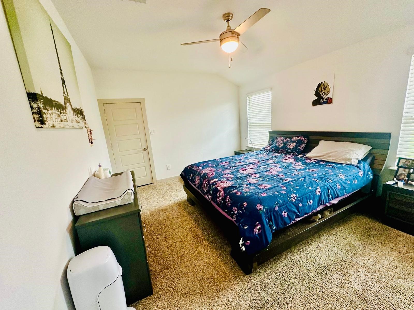 315 John House Lane Rosharon, TX 77583 - Photo 24 of 27 This bedroom features a cozy aesthetic with carpet flooring, a ceiling fan, and ample natural light from two windows. It includes a large bed with a floral comforter, modern furniture, and neutral-colored walls adorned with artwork.