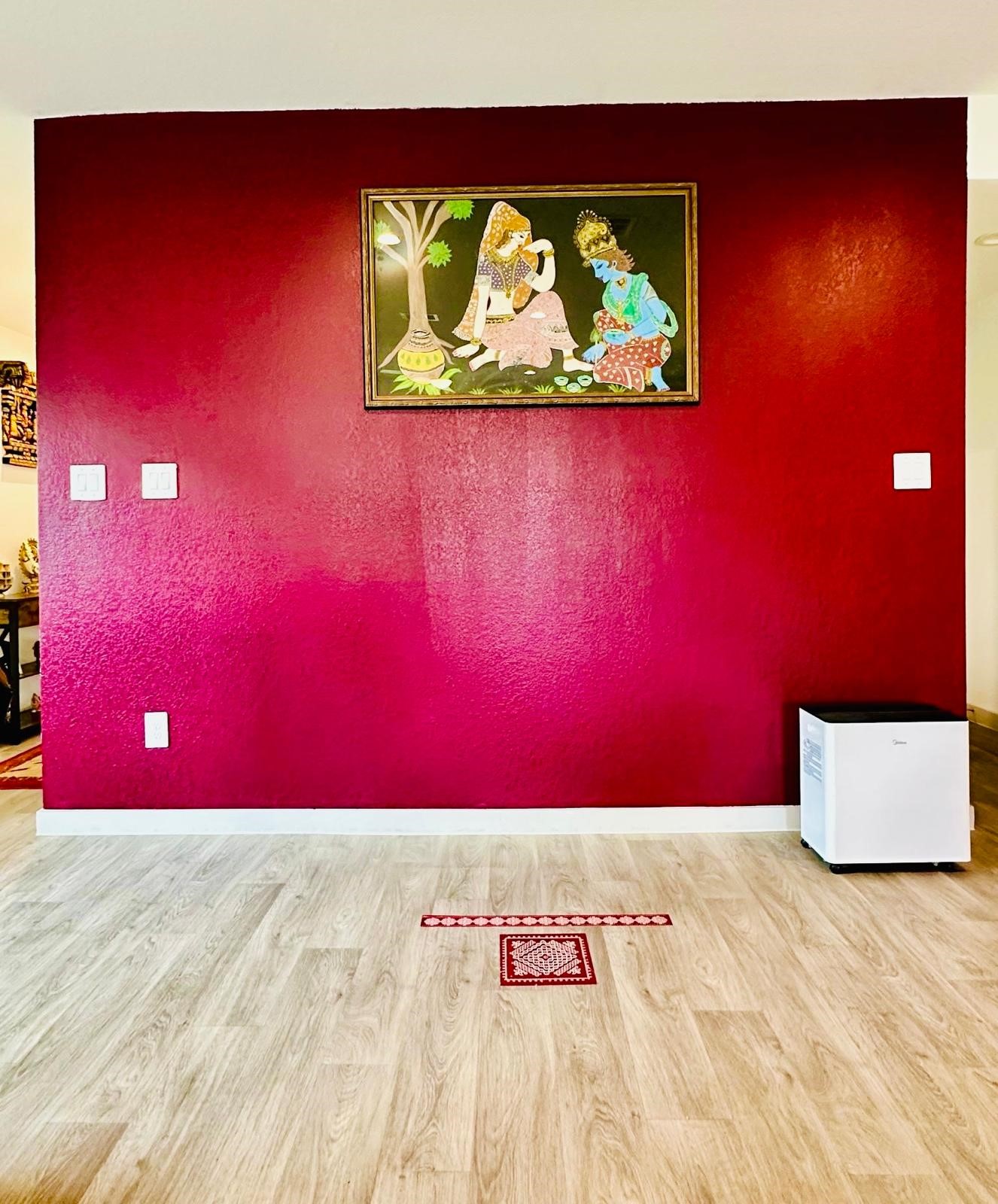 315 John House Lane Rosharon, TX 77583 - Photo 7 of 27 This photo shows a room with a bold maroon accent wall featuring a framed artwork. The flooring is light wood, and there's a small white appliance in the corner. The overall look is clean and modern.