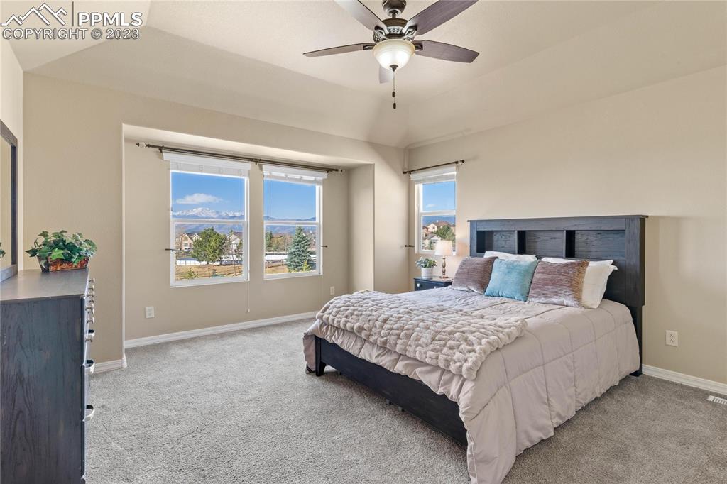 2423 Cinnabar Road Colorado Springs, CO 80921 - Photo 18 of 40 a bedroom with a large bed and a chandelier fan