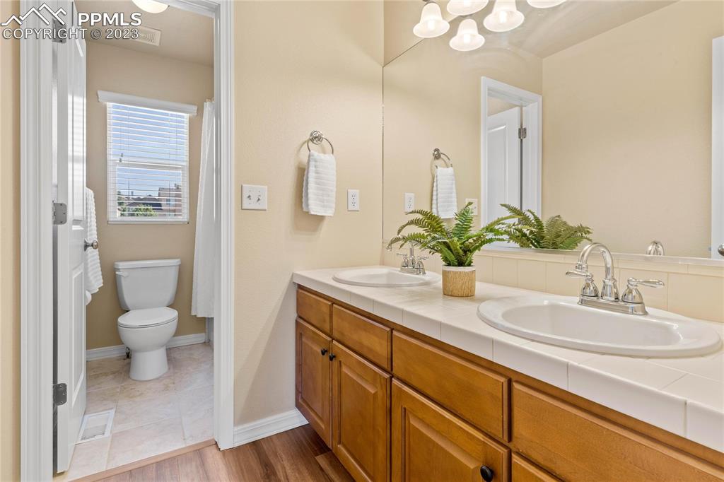 2423 Cinnabar Road Colorado Springs, CO 80921 - Photo 26 of 40 a bathroom with a granite countertop sink a toilet and a mirror