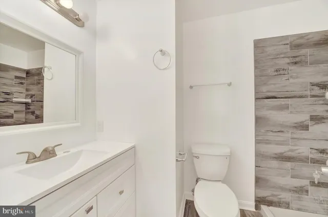 a bathroom with a toilet sink vanity and mirror