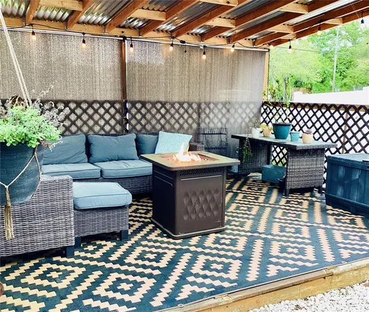 a building outdoor space with patio furniture