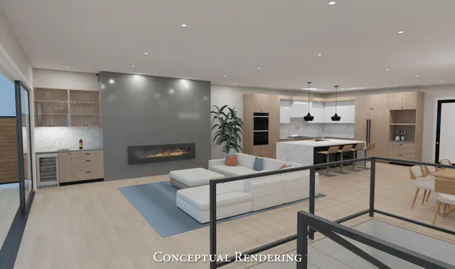 a living room with furniture a chandelier and kitchen view