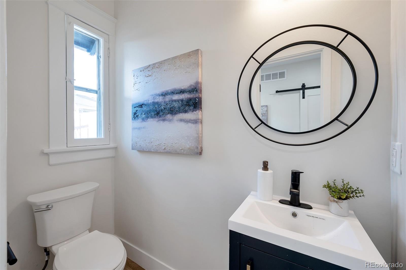 1417 Monroe Street Denver, CO 80206 - Photo 40 of 43 a bathroom with a sink a mirror and a toilet
