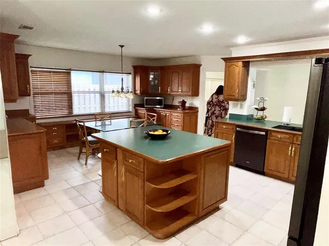 a kitchen with stainless steel appliances granite countertop a stove a sink dishwasher and a dining table with cabinets