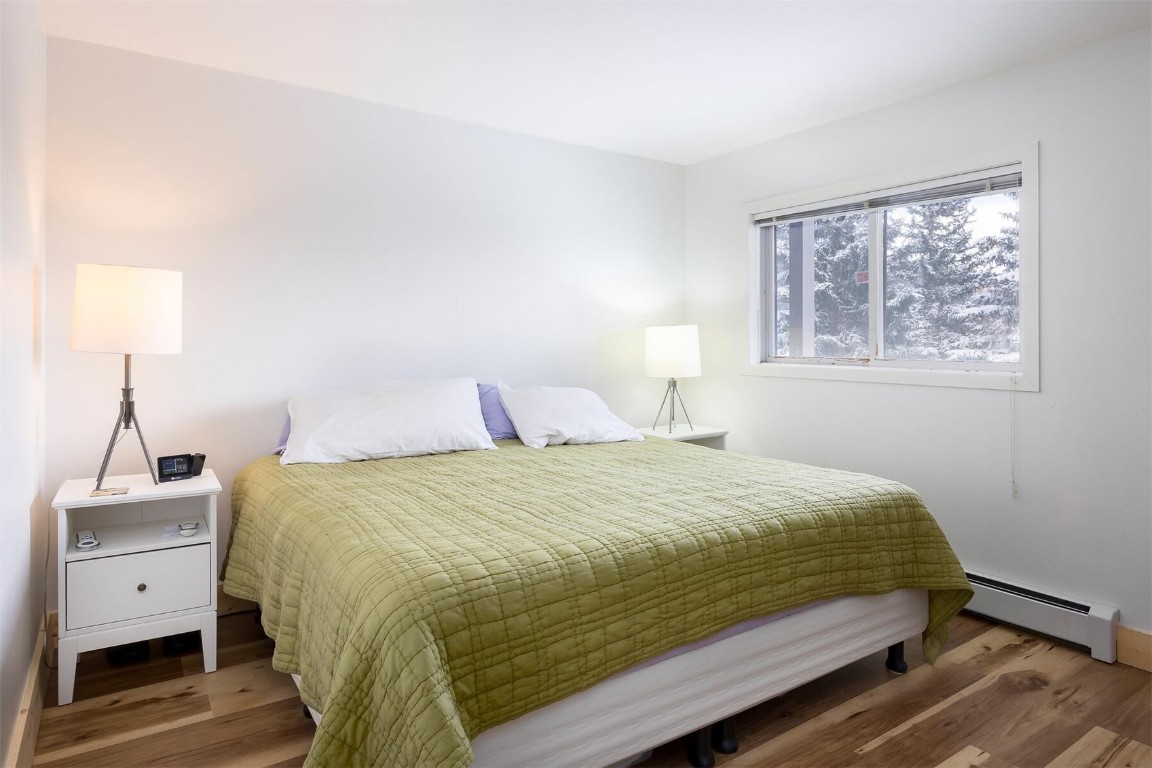 10000 Ryan Gulch Road, Unit G105 Silverthorne, CO 80498 - Photo 15 of 37 Bedroom featuring a baseboard heating unit and wood finished floors