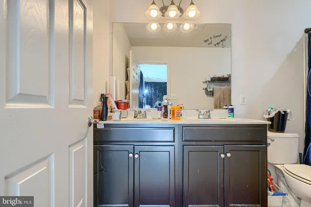a bathroom with a sink a toilet and mirror