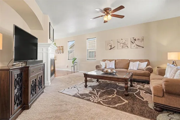 a living room with furniture a flat screen tv and a fireplace