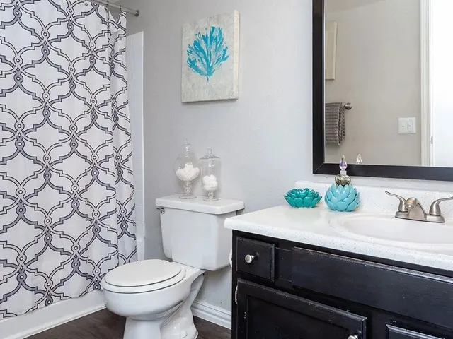 a bathroom with a granite countertop sink and a toilet