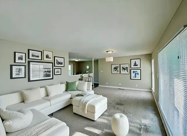 a living room with furniture and painting on the wall