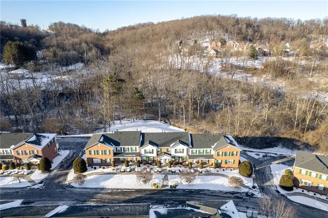 an aerial view of a house with yard and furniture