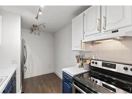 a kitchen with a sink a counter space and appliances