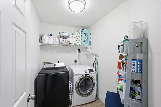 a living room with wooden floor and a potted plant