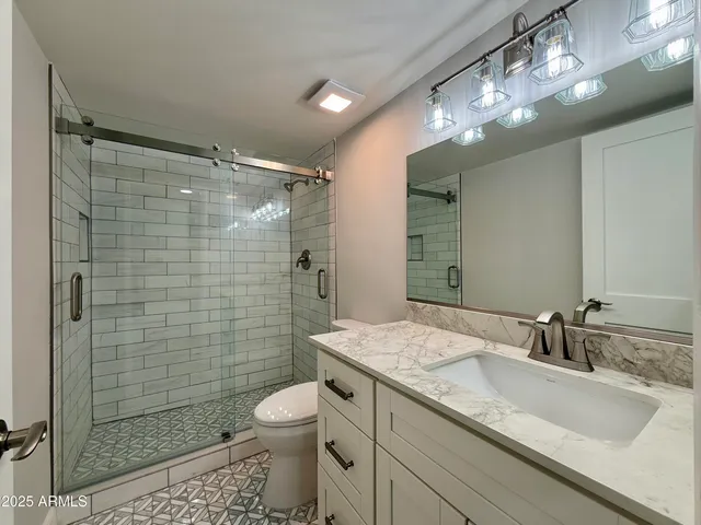 a bathroom with a sink a toilet and shower