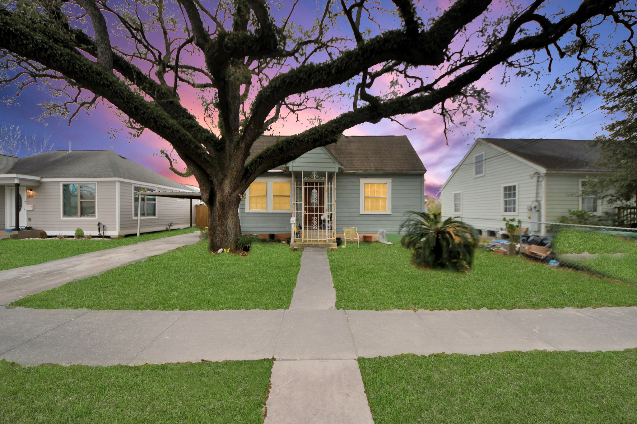 a front view of a house with a garden and tree