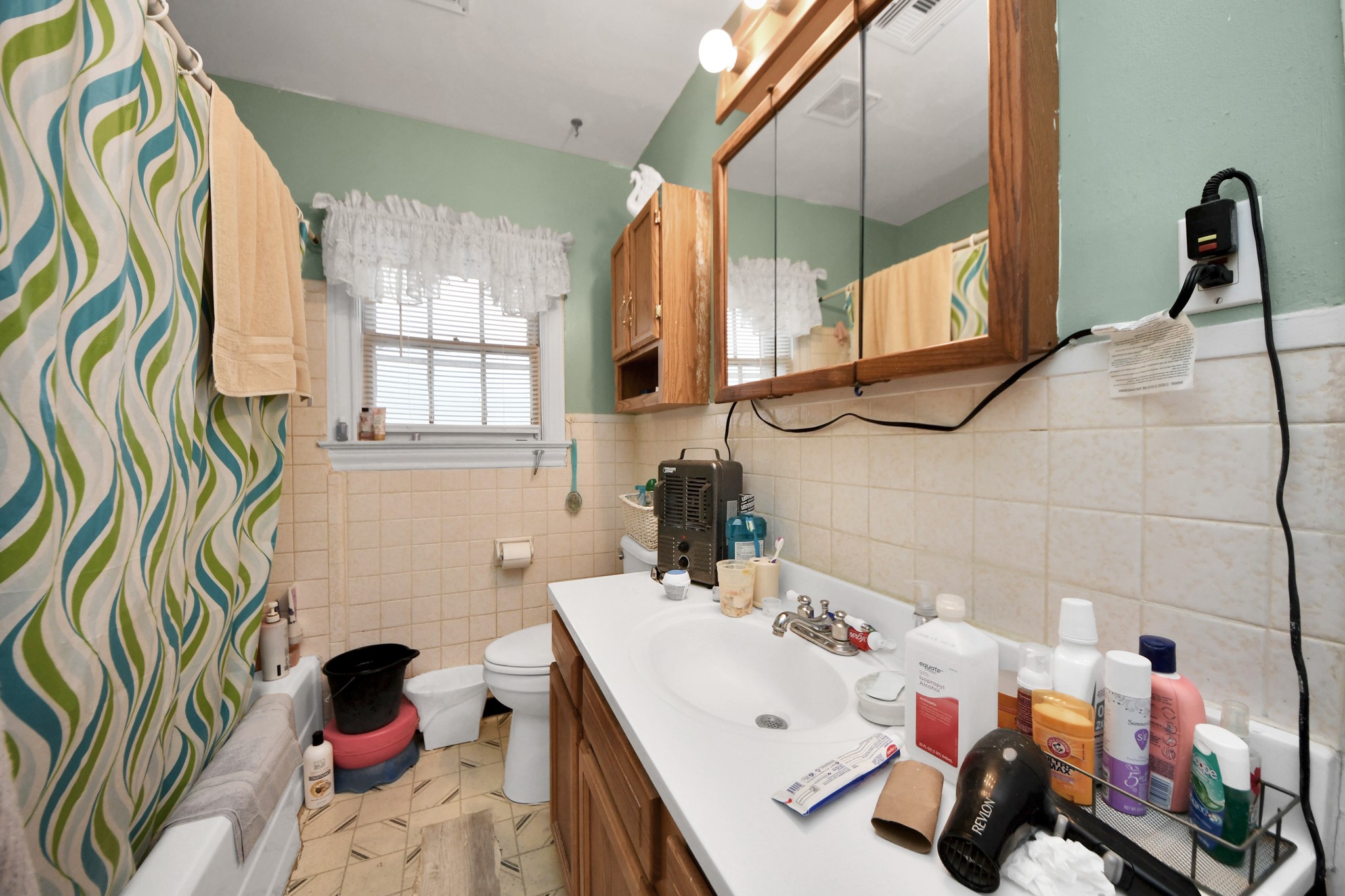 5134 Leeland Street Houston, TX 77023 - Photo 18 of 28 a bathroom with a sink a mirror and shower curtain