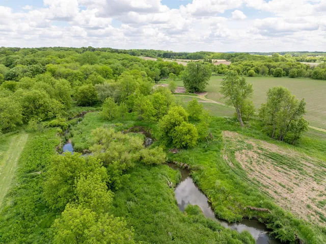 an aerial view of green landscape with trees houses and lake view