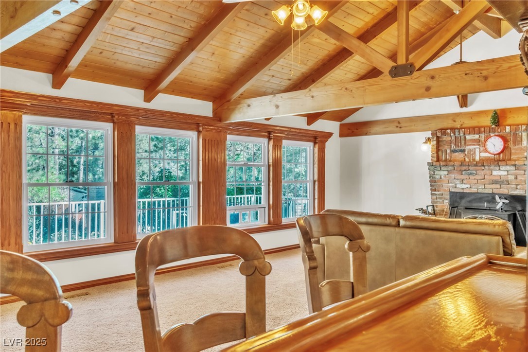 4063 Zugspitz Way Las Vegas, NV 89124 - Photo 50 of 86 Living room with carpet, a fireplace, and wooden ceiling