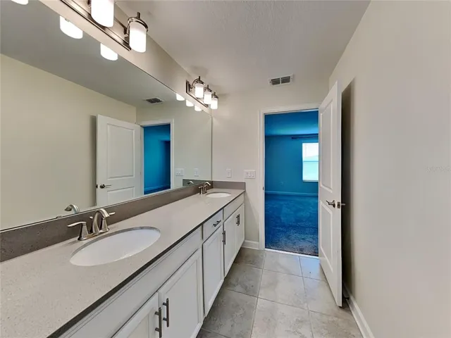 a bathroom with a double vanity sink and a mirror
