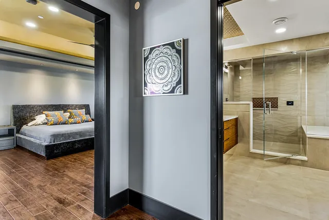 an aerial view of a house with a garden