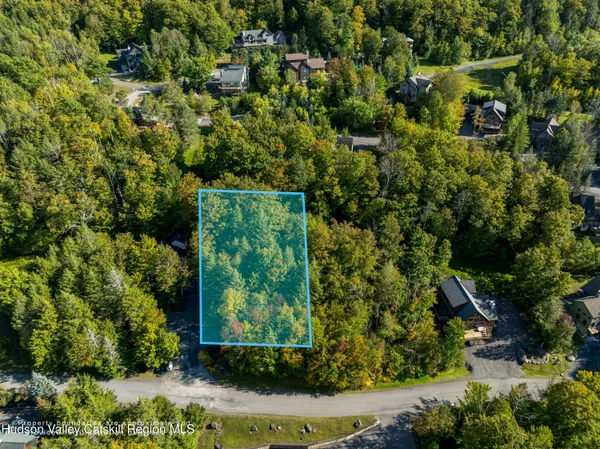 an aerial view of residential house with outdoor space and trees all around