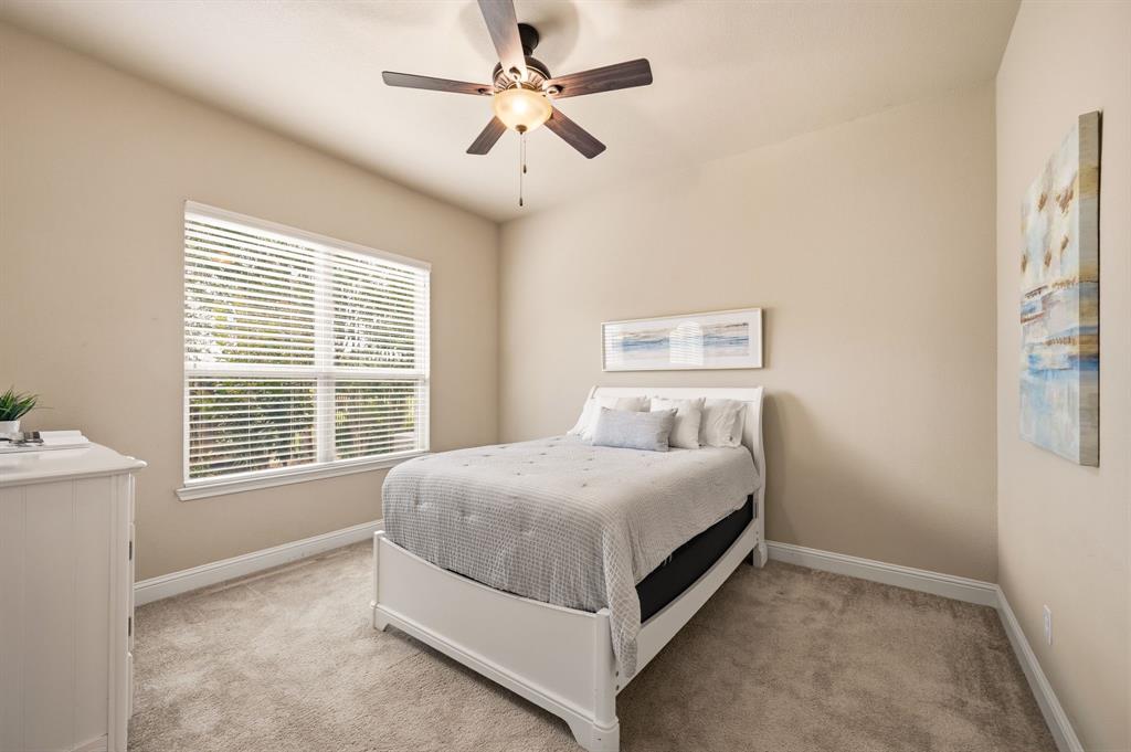 7013 Handel Colleyville, TX 76034 - Photo 25 of 37 Bedroom featuring light tan wall color, carpet flooring, a multi-pane window with horizontal blinds, and a ceiling fan with integrated lighting