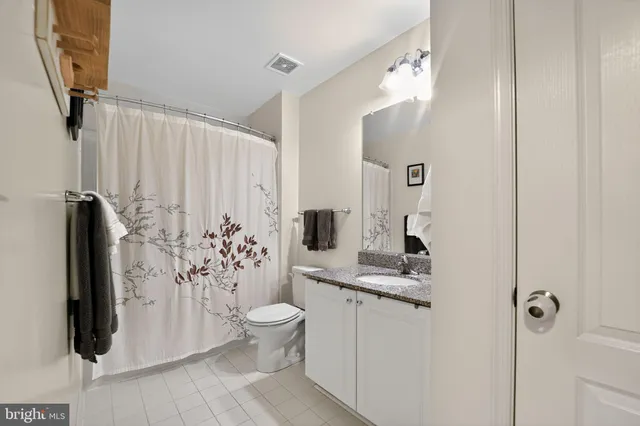 a bathroom with a granite countertop sink a toilet and shower