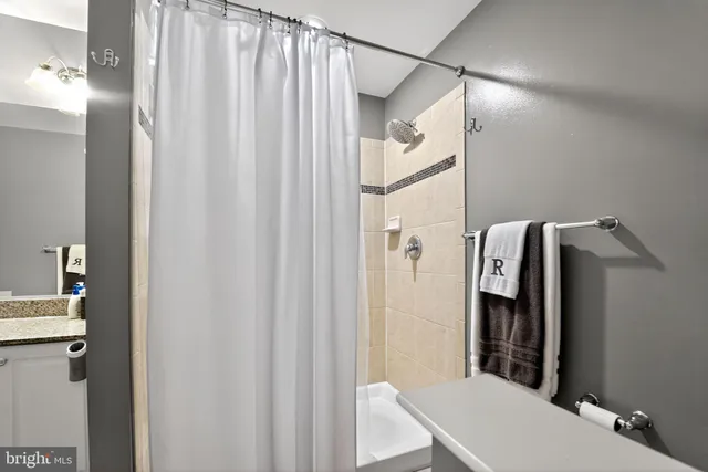 a bathroom with a shower and a toilet