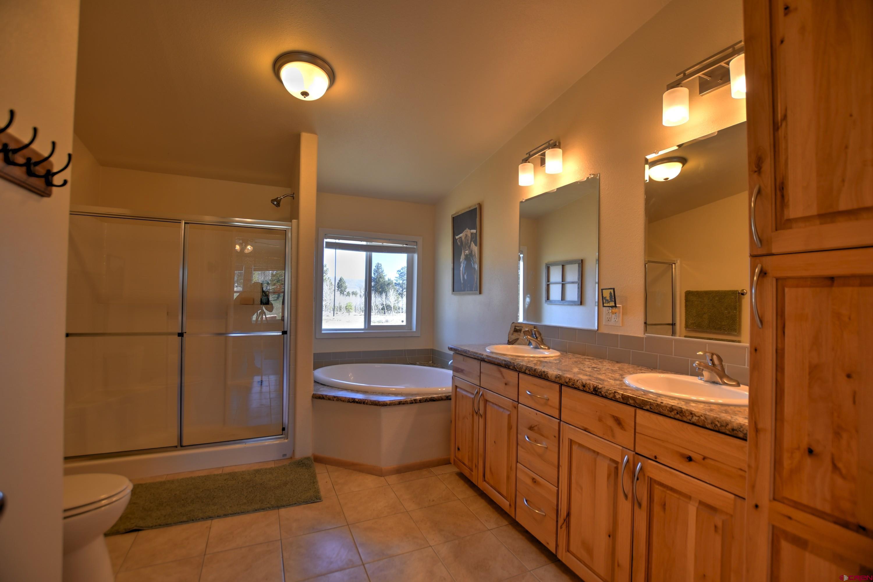 a bathroom with a granite countertop sink a toilet a mirror and shower