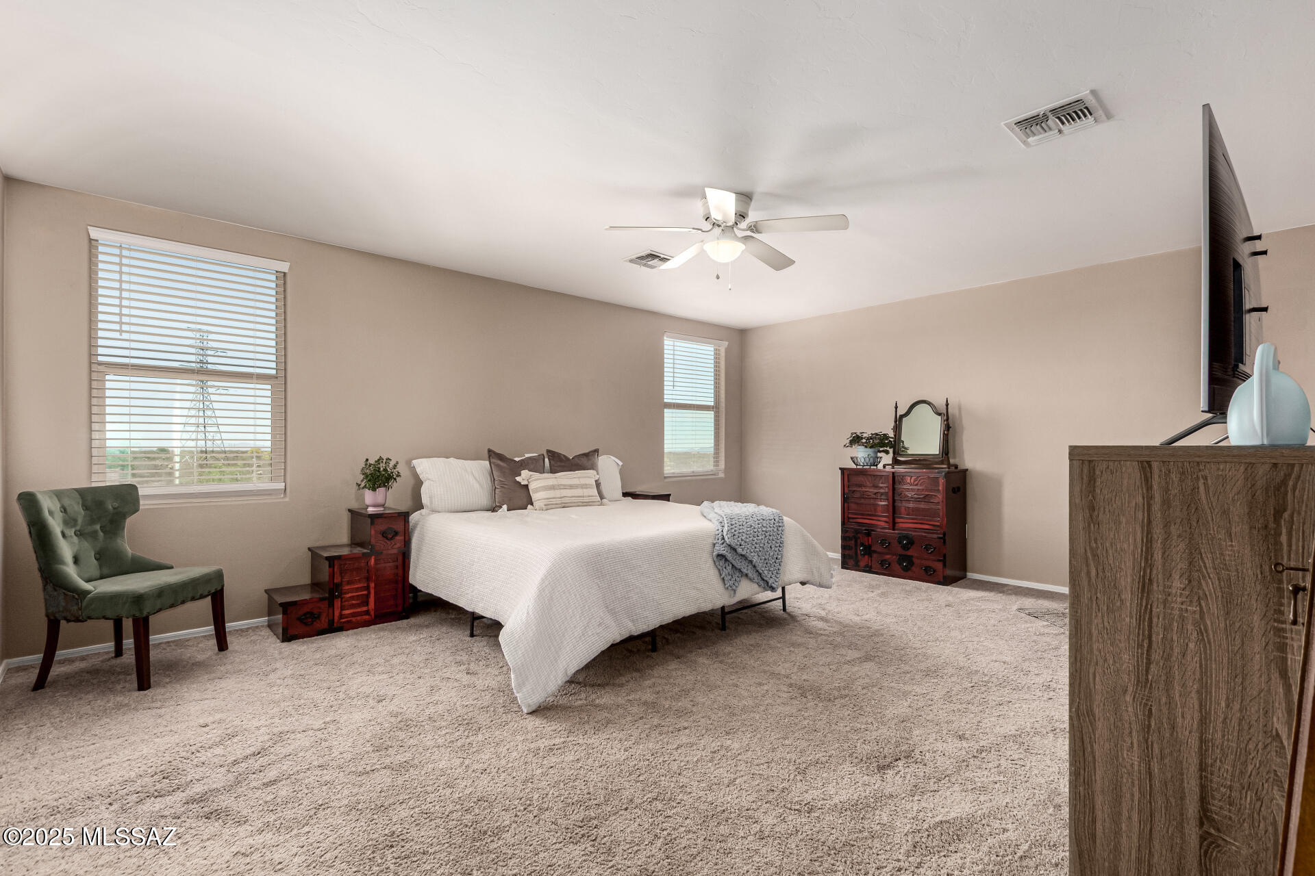 9528 Desert Fauna Loop Tucson, AZ 85747 - Photo 23 of 46 a spacious bedroom with a bed a couch and a dresser in it
