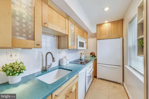 a kitchen with a refrigerator and a sink
