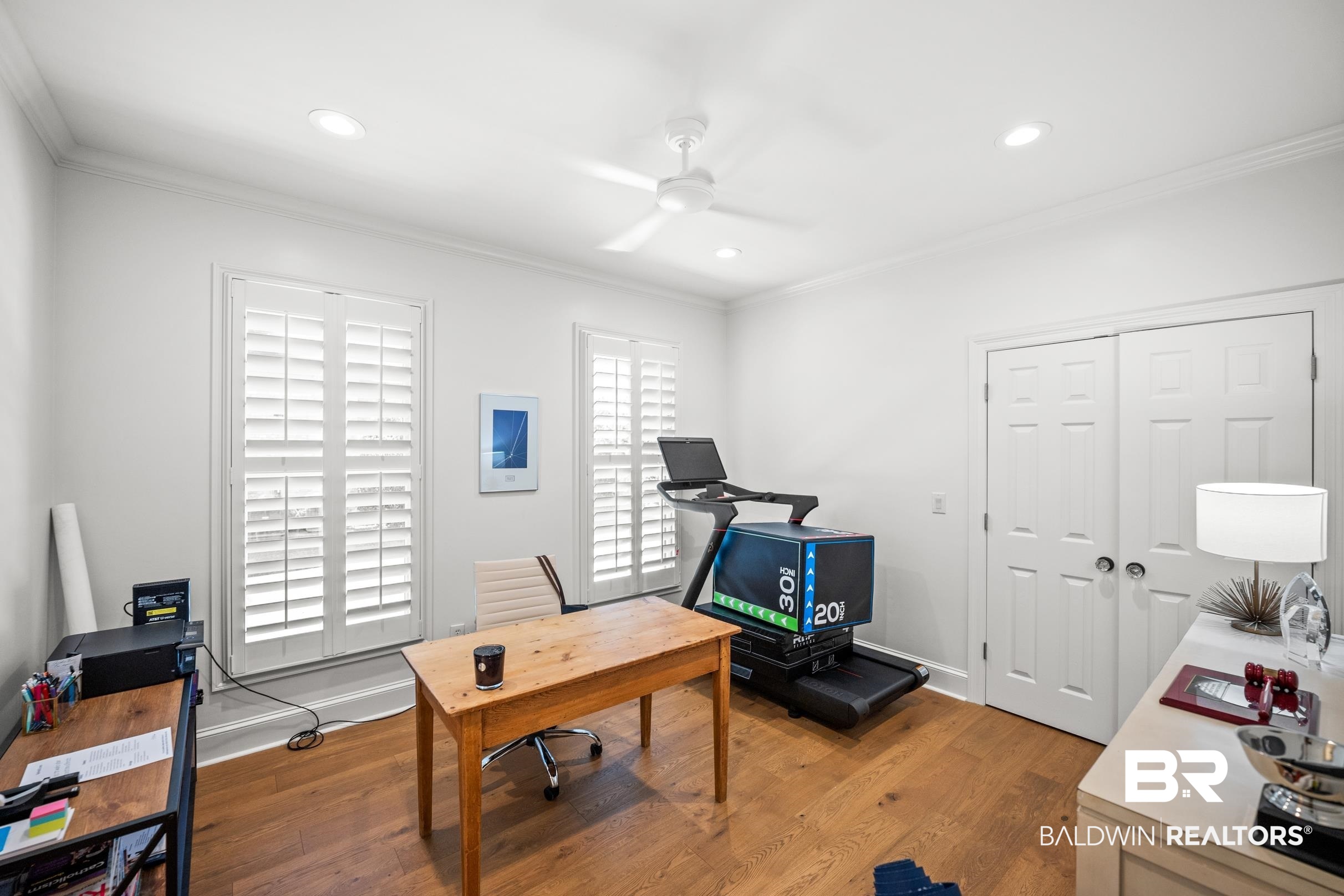 115 Sandy Ford Road Fairhope, AL 36532 - Photo 43 of 47 Office with crown molding, ceiling fan, light wood-style floors, and recessed lighting