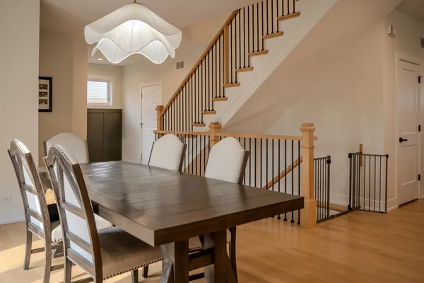 a view of a dining room with furniture