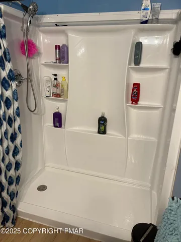 a bathroom with a shower and a sink