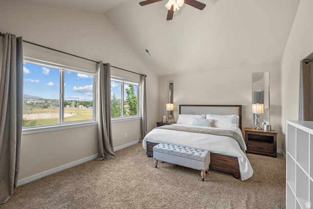 955 Delorean Lane Midvale, UT 84047 - Photo 24 of 47 Vaulted ceiling bedroom with broad windows offering distant mountain and green landscape scenery