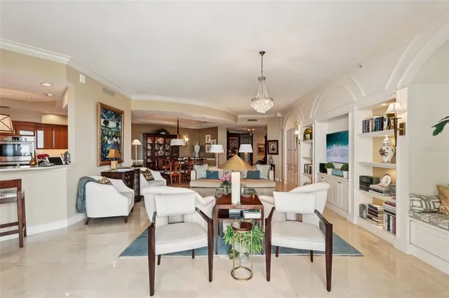 a view of a dining room with furniture